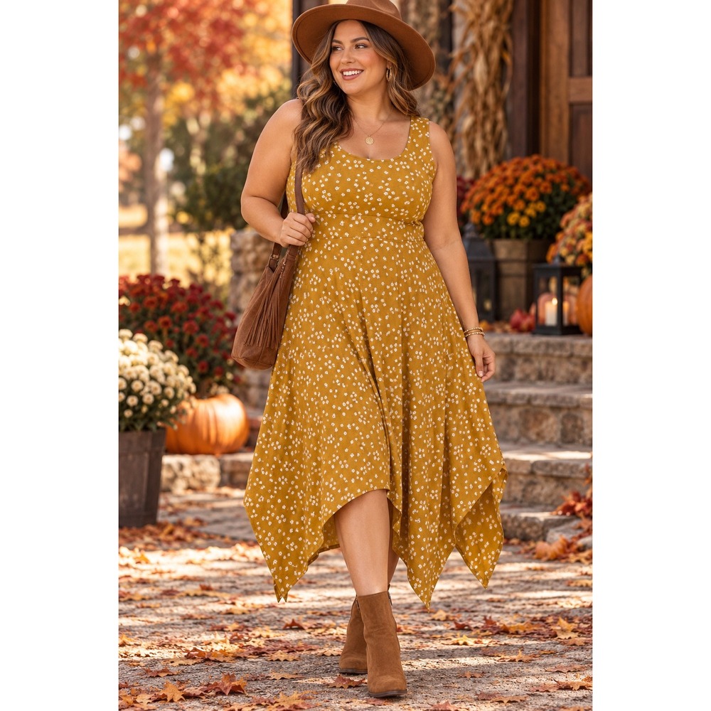 Pact Organic Cotton Floral Handkerchief Hem Midi Dress Mustard Yellow XL Pockets